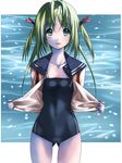  green_eyes green_hair no_pants one-piece_swimsuit open_clothes open_shirt original school_swimsuit school_uniform shirt short_hair solo swimsuit swimsuit_under_clothes takase_muu twintails undressing 
