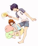  1girl barefoot blue_eyes blue_hair brown_eyes brown_hair casual clannad dango_daikazoku dress fan father_and_daughter okazaki_tomoya okazaki_ushio raglan_sleeves short_hair usutsuchi_kine 