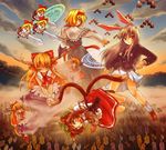  alice_margatroid animal_ears bad_id bad_pixiv_id blazer blonde_hair blue_eyes bow brown_hair bunny_ears capelet cat cat_ears cat_tail chen clone earrings hair_bow hairband hat horn_ribbon horns ibuki_suika jacket jewelry konoe_yuba long_hair magic_circle multiple_girls multiple_tails necktie one_eye_closed orange_hair purple_hair recurring_image red_eyes reisen_udongein_inaba ribbon shanghai_doll short_hair skirt sword tail too_many too_many_cats touhou v_formation weapon 