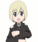  ^_^ animated animated_gif blonde_hair blue_eyes closed_eyes dancing erica_hartmann hidamari_sketch open_mouth parody short_hair simple_background smile solo strike_witches uniform world_witches_series 