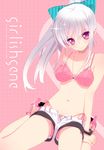  bad_id bad_pixiv_id bikini bow earrings hair_bow high_heels jewelry long_hair navel necklace open_fly original pink_eyes ponytail seiza shoes short_shorts shorts side-tie_bikini sitting solo swimsuit tsukigami_runa unzipped white_hair 