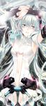  arms_up ayto bad_id bad_pixiv_id bridal_gauntlets earrings hatsune_miku hatsune_miku_(append) highres jewelry long_hair navel necktie solo thighhighs twintails very_long_hair vocaloid vocaloid_append 