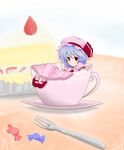 blue_hair cake candy cup food fork fruit hakua_ryouya hat in_container in_cup in_food minigirl red_eyes remilia_scarlet smile solo strawberry teacup touhou 