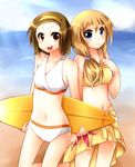  bikini blonde_hair blue_eyes brown_eyes brown_hair hazuki_(sutasuta) highres k-on! kotobuki_tsumugi long_hair multiple_girls print_sarong sarong short_hair surfboard swimsuit tainaka_ritsu yellow_sarong 