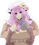  asymmetrical_clothes bad_id bad_pixiv_id black_legwear boots bow box cardboard_box hair_bow hat highres in_box in_container long_hair patchouli_knowledge purintowswsp purple_eyes purple_hair simple_background single_thighhigh sitting solo thighhighs touhou translated 