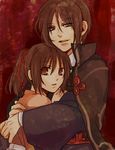  1girl bad_id bad_pixiv_id brother_and_sister brown_hair couple hakuouki_shinsengumi_kitan hetero holding hug japanese_clothes lowres nagumo_kaoru peke414 ponytail siblings smile spoilers twins yukimura_chizuru 