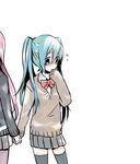  aqua_eyes aqua_hair bad_id bad_pixiv_id blush bow bowtie hand_to_own_mouth hatsune_miku holding_hands long_hair long_sleeves megurine_luka mizuki_(koko_lost) multiple_girls nervous pink_hair pleated_skirt school_uniform simple_background skirt sleeves_past_wrists sweat thighhighs twintails vocaloid yuri zettai_ryouiki 