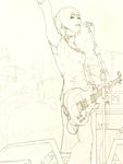  amplifier arm_up bob_cut cable choker drum drum_set gibson guitar highres instrument les_paul lineart microphone microphone_stand monochrome original short_hair sketch solo tempo1983 