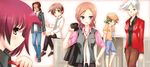  beret blue_eyes blush brown_eyes casual hand_on_hip hat inoue_jun jacket long_sleeves megan_davin miyanaga_saki miyanaga_teru multiple_girls pants piaroo profile red_hair red_jacket saki short_sleeves simple_background someya_mako standing takei_hisa upper_body vest white_background 