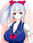  alternate_hairstyle blush bow breasts cleavage hair_bow han_(jackpot) huge_breasts impossible_clothes impossible_shirt kamishirasawa_keine looking_at_viewer no_hat no_headwear ponytail red_eyes shirt short_sleeves silver_hair smile solo touhou upper_body v-neck 