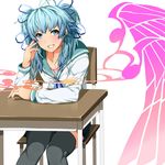  alternate_hairstyle aqua_eyes aqua_hair bad_id bad_pixiv_id blue_nails earphones gradient_hair grin hair_ribbon hatsune_miku highres irohara_mitabi long_hair multicolored_hair nail_polish ribbon school_uniform sitting smile solo thighhighs vocaloid wings 