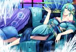  1girl alternate_costume alternate_hairstyle aqua_hair bad_id bad_pixiv_id breasts cirno cleavage couch crossed_legs green_eyes hair_ornament ice irohara_mitabi japanese_clothes kimono kiseru large_breasts older pipe sitting smile smoke snowflake_hair_ornament snowflakes snowman solo touhou yuujo 