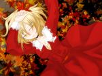  aki_shizuha bad_id bad_pixiv_id blonde_hair breasts cleavage dress hair_ornament large_breasts leaf leaf_hair_ornament lying mirei_yumia open_clothes open_dress solo touhou yellow_eyes 