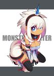  blue_eyes breasts cleavage hairband horn kirin_(armor) kneeling medium_breasts monster_hunter mzh solo tan thighhighs white_hair 