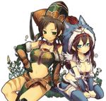  animal_hat boots braid breasts brown_hair cleavage earrings elbow_gloves flower fur_collar gloves green_eyes hat hua_man jewelry ju-zika medium_breasts midriff multiple_girls necklace sangokushi_taisen sitting thigh_boots thighhighs zhu_rong 