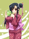  artist_request ball black_hair brown_eyes cowboy_shot green_background hair_bun holding japanese_clothes kan'u koihime_musou long_sleeves looking_at_viewer poking short_hair simple_background solo 