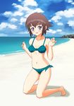  beach bikini blue_eyes brown_hair day kawazuishi kneeling kurihashi_minami short_hair solo swimsuit tetsudou_musume 