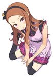  black_legwear brown_hair dress from_above frown hairband idolmaster idolmaster_(classic) idolmaster_2 kuroboshi_kouhaku long_hair looking_up minase_iori open_mouth purple_eyes sitting solo thighhighs yokozuwari 