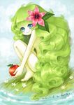  apple blue_eyes blush flower food fruit gen_4_pokemon green_hair hair_flower hair_ornament holding holding_food holding_fruit long_hair nude personification pokemon sanmi_tenten shaymin smile solo 