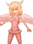  angel_wings armpits ass_visible_through_thighs bangs bare_shoulders blonde_hair breasts closed_mouth collarbone covered_navel covered_nipples cowboy_shot expressionless flat_chest fumio_(rsqkr) grey_eyes head_wings legs_apart leotard looking_at_viewer microskirt original outstretched_arm pink_legwear pink_leotard pointy_ears short_hair sideboob simple_background skirt small_breasts solo standing thighhighs white_background white_wings wings 