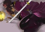  black_hair green_eyes grey_background kiriku_(nakuro) knife lamp lying male_focus ponytail raven_(tales) solo sword tales_of_(series) tales_of_vesperia weapon 