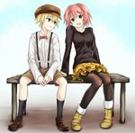  1girl :d arm_support bad_id bad_pixiv_id bench blonde_hair blue_eyes blush boots bow bowtie darker_than_black green_eyes hat july_(darker_than_black) keikotsu legs loafers open_mouth pantyhose red_hair shoes shorts sitting skirt smile socks suou_pavlichenko suspenders 