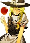  apple bad_apple!! blonde_hair bow braid food fruit grin hair_bow hat highres irohara_mitabi kirisame_marisa one_eye_closed smile solo touhou witch_hat yellow_eyes 