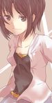  close-up closed_mouth collarbone highres idolmaster idolmaster_(classic) idolmaster_2 jacket kikuchi_makoto long_sleeves open_clothes open_jacket shirt short_hair smile solo t-shirt upper_body 