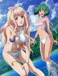  absurdres ahoge beach bikini blonde_hair blue_eyes bracelet cloud day earrings frilled_bikini frills green_hair hand_on_own_knee highres jewelry leaning_forward legband long_hair macross macross_frontier marufuji_hirotaka multiple_girls nail_polish navel official_art open_mouth outdoors parted_lips pink_nails ranka_lee red_eyes reflection scan scrunchie sheryl_nome short_hair single_earring sky smile swimsuit thigh_strap thighlet v wading water white_bikini 