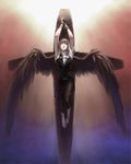  angel armor armpits arms_up barbed_wire barefoot blood commentary cross crucifixion dress grey_eyes grey_hair jayun long_hair original pale_skin sad solo wings 
