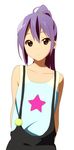  alternate_hair_color alternate_hairstyle bad_id bad_pixiv_id brown_eyes collarbone k-on! kuresu_(alice-pma) nakano_azusa overalls ponytail purple_hair sleeveless solo star tank_top 