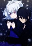  1girl :o arm_grab black_hair blue_eyes couple dark darker_than_black dress gloves hei hetero hug hug_from_behind no_nose purple_eyes silver_hair takayama_mizuki yin 