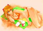  barefoot bikini blue_eyes evangelion:_2.0_you_can_(not)_advance food french_fries hamburger kotatsu-spirit long_hair lying neon_genesis_evangelion on_side orange_hair rebuild_of_evangelion shikinami_asuka_langley solo souryuu_asuka_langley swimsuit 