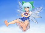  barefoot blue_eyes blue_hair bow cirno feet foreshortening hair_bow highres kuro_suto_sukii pov_feet short_hair soles solo toes touhou wiggling_toes wings 