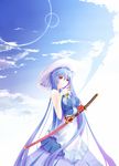  baraen bare_shoulders blue_hair brush calligraphy_brush cloud flower hat highres katana long_hair original paintbrush red_eyes red_flower red_rose rose sky solo sun_hat sword very_long_hair weapon 