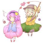  2girls bad_id bad_pixiv_id closed_eyes dress dress_lift fishing_hook fishing_line fishing_rod green_hair hairband hat heart holding holding_fishing_rod komeiji_koishi komeiji_satori kureha_goya lowres multiple_girls pink_eyes pink_hair siblings sisters surprised touhou 