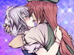  blush braid hong_meiling hug izayoi_sakuya kiss kurobane long_hair multiple_girls profile saliva short_hair tongue touhou yuri 