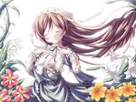  blue_dress bush closed_eyes dekosuke dress floating_hair flower head_scarf long_hair long_sleeves plant rozen_maiden simple_background solo suiseiseki very_long_hair white_background wind 