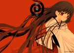  black_hair copyright_request fan folding_fan fururi highres hinayuki_usa japanese_clothes long_hair miko red_background red_eyes simple_background solo 