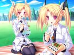  blonde_hair blush day eating feeding food game_cg hair_ornament happy highres looking_at_viewer magus_tale multiple_girls nina_geminis obentou outdoors picnic pink_eyes pov_feeding red_eyes rena_geminis seiza siblings sisters sitting tenmaso thighhighs twins twintails zettai_ryouiki 