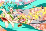  1girl aqua_eyes aqua_hair colorful detached_sleeves flower foreshortening hands hatsune_miku highres long_hair maetaku necktie skirt smile solo thighhighs twintails very_long_hair vocaloid zettai_ryouiki 