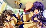  blue_eyes blue_hair clannad fujibayashi_kyou gray_hair kick long_hair punch sakagami_tomoyo seifuku violet_eyes 