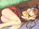  blush brown_hair closed_eyes game_cg long_hair lying morikawa_minami on_side panties pantyshot pantyshot_(lying) partner school_uniform skirt skirt_lift sleeping solo tanaka_takayuki thighhighs thighs underwear wallpaper white_panties 