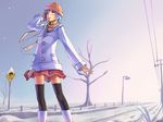  blue_eyes blue_hair boots coat foge footprints hand_on_own_head hat headphones highres lamppost original perspective power_lines road road_sign scarf short_hair sign skirt snow snowing solo street thighhighs tree vanishing_point winter winter_clothes zettai_ryouiki 