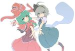  ascot black_legwear blue_eyes blush brown_footwear dress frilled_dress frills front_ponytail green_hair green_skirt hair_ribbon hairband hayate-s highres kagiyama_hina konpaku_youmu konpaku_youmu_(ghost) loafers long_hair looking_at_viewer multiple_girls outstretched_arms pose red_dress ribbon shirt shoes short_hair short_sleeves silver_hair skirt smile socks standing touhou vest white_background white_shirt 