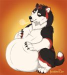  2019 ambiguous_gender belly belly_rub big_belly black_fur canid canine canis claws content cunningfox eyes_closed feral fur holding_belly huff hybrid hyper hyper_belly mammal orange_background overweight simple_background sitting solo toe_claws ursid white_belly white_fur wolf 