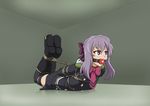  1girl amber_eyes arms_behind_back ball_gag bangs bdsm black_clothes bondage boots box_tie captive edited gag gagged hiiragi_shinoa hogtie indoors lying owari_no_seraph purple_hair ribbon skirt tied tied_up uniform 