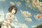  black_hair cheese_kang closed_eyes cloud collarbone day fence kokoro_ga_sakebitagatterunda. leaf naruse_jun pleated_skirt school_uniform screaming short_hair skirt sky solo 