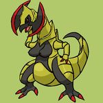  1:1 breasts featureless_crotch female full-length_portrait green_background haxorus looking_at_viewer low_res naughty_face nintendo nipples pok&eacute;mon portrait razor_(artist) simple_background solo video_games 