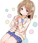  1girl :t blue_neckwear blue_skirt blush bow bowtie brown_cardigan brown_eyes brown_hair cardigan closed_mouth collared_shirt colored_shadow crepe ddak5843 dutch_angle eating flower food food_on_face hair_flower hair_ornament hands_up holding holding_food idolmaster idolmaster_cinderella_girls long_hair long_sleeves mimura_kanako pleated_skirt school_uniform shadow shirt sitting skirt sleeves_past_wrists solo white_background white_flower white_shirt 